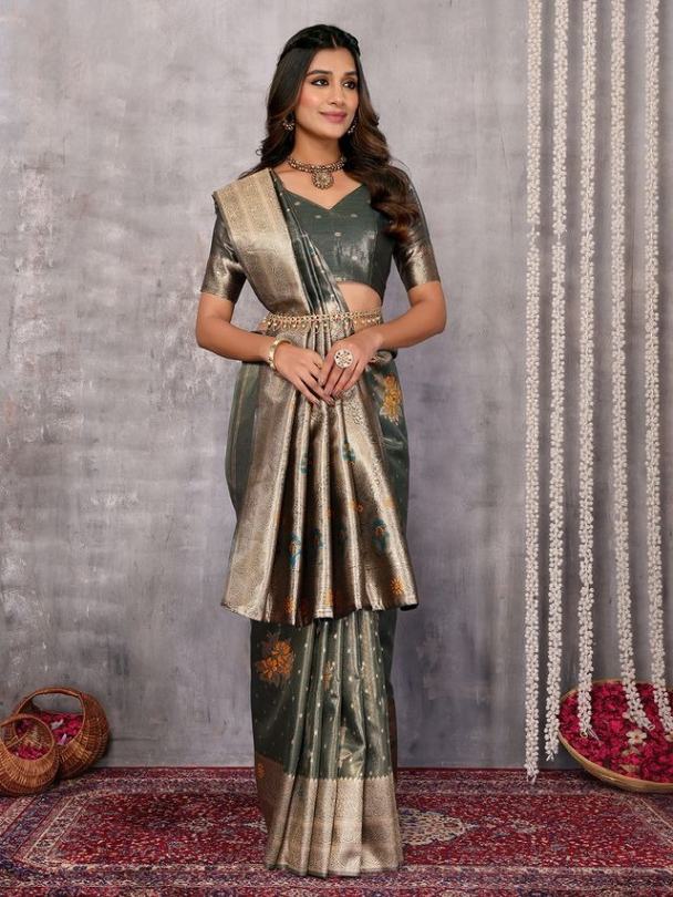 Ready To Wear Olive Green Silk Blend Saree with Woven floral Jari and Attached Blouse Piece [ Export Quality ]