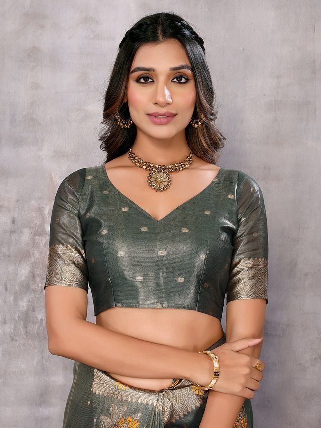 Ready To Wear Olive Green Silk Blend Saree with Woven floral Jari and Attached Blouse Piece [ Export Quality ]