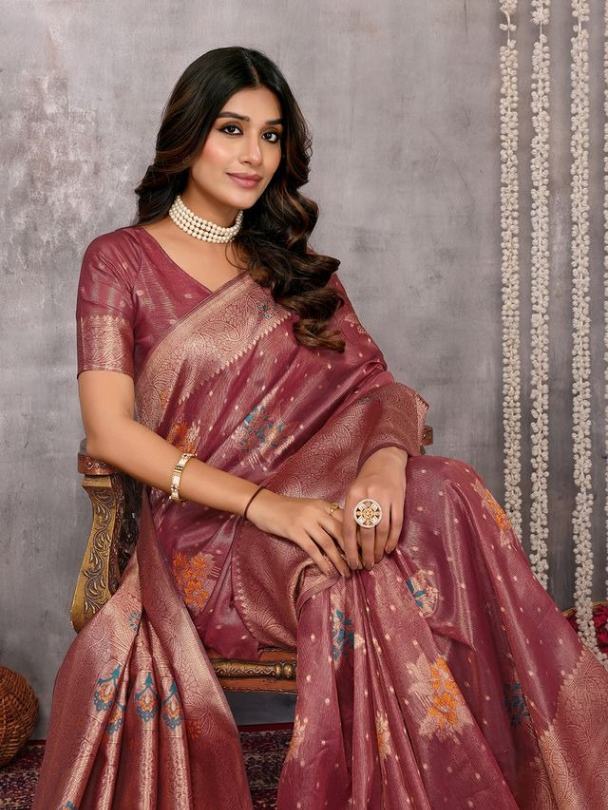 Dusty Pink Chanderi Silk Zari Work Saree with Attached Blouse Piece [ Export Quality ]
