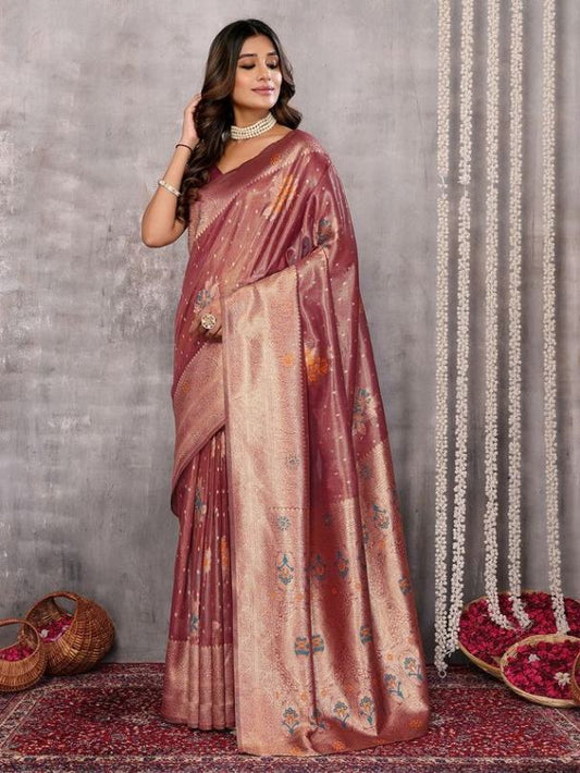 Dusty Pink Chanderi Silk Zari Work Saree with Attached Blouse Piece [ Export Quality ]