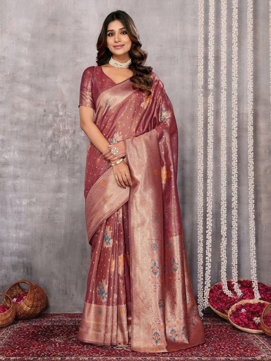 Dusty Pink Chanderi Silk Zari Work Saree with Attached Blouse Piece [ Export Quality ]
