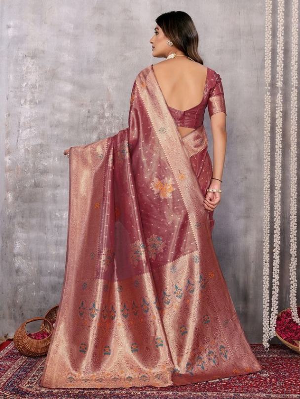 Dusty Pink Chanderi Silk Zari Work Saree with Attached Blouse Piece [ Export Quality ]