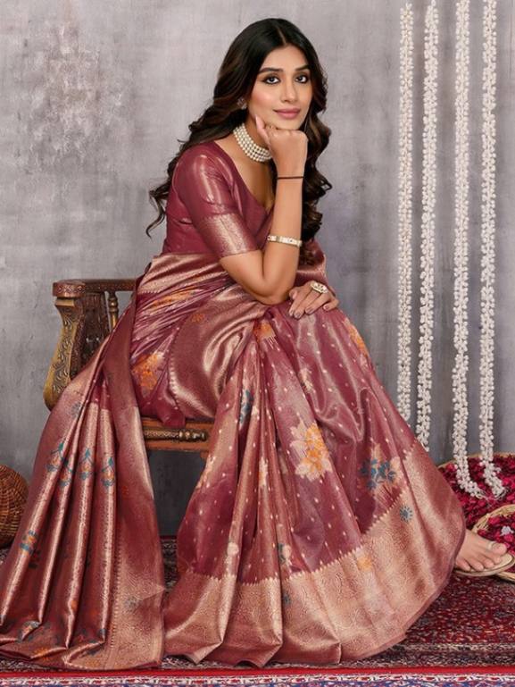 Dusty Pink Chanderi Silk Zari Work Saree with Attached Blouse Piece [ Export Quality ]