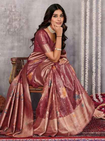 Dusty Pink Chanderi Silk Zari Work Saree with Attached Blouse Piece [ Export Quality ]