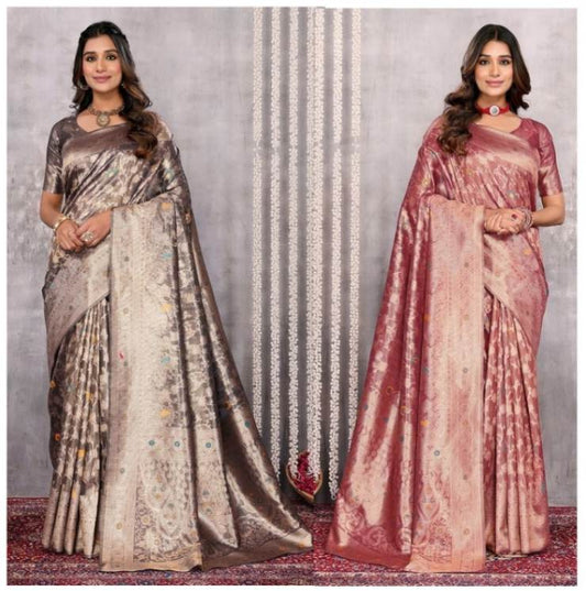 Metallic Gray and Metallic Pink Banarasi Silk Blend Zari Work Saree with Attached Blouse Piece [ Export Quality ]