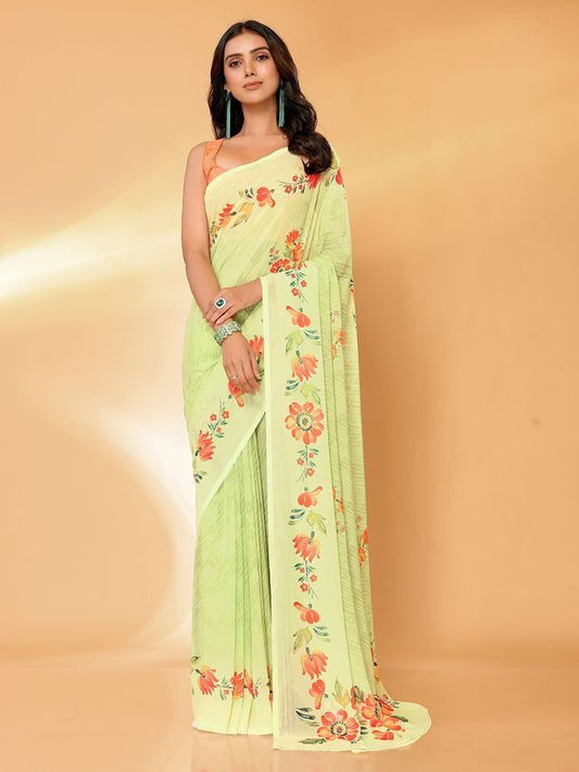 Ready-to-Wear Pista Green Floral Printed Georgette Saree with Attached Blouse Piece [ Export Quality ]