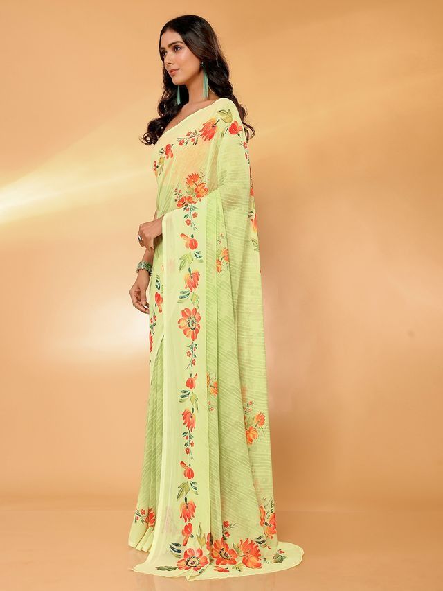 Ready-to-Wear Pista Green Floral Printed Georgette Saree with Attached Blouse Piece [ Export Quality ]