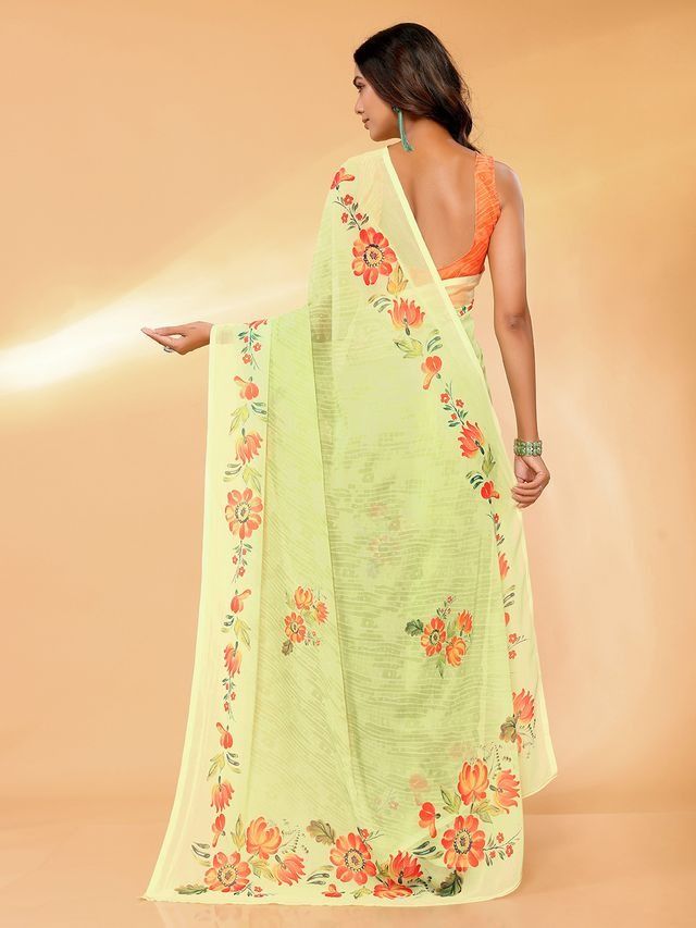 Ready-to-Wear Pista Green Floral Printed Georgette Saree with Attached Blouse Piece [ Export Quality ]
