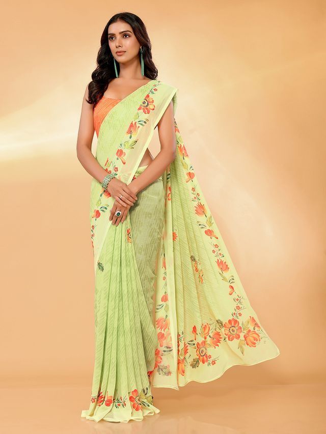 Ready-to-Wear Pista Green Floral Printed Georgette Saree with Attached Blouse Piece [ Export Quality ]