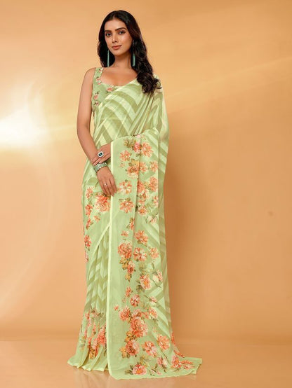 Ready-to-Wear Light Green Floral Georgette Saree with Attached Blouse Piece [ Export Quality ]