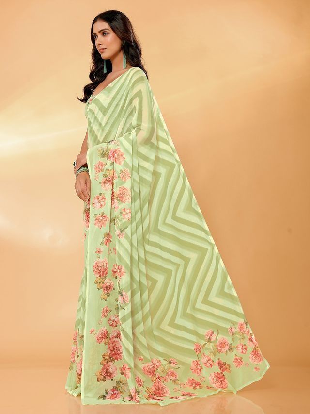 Ready-to-Wear Light Green Floral Georgette Saree with Attached Blouse Piece [ Export Quality ]