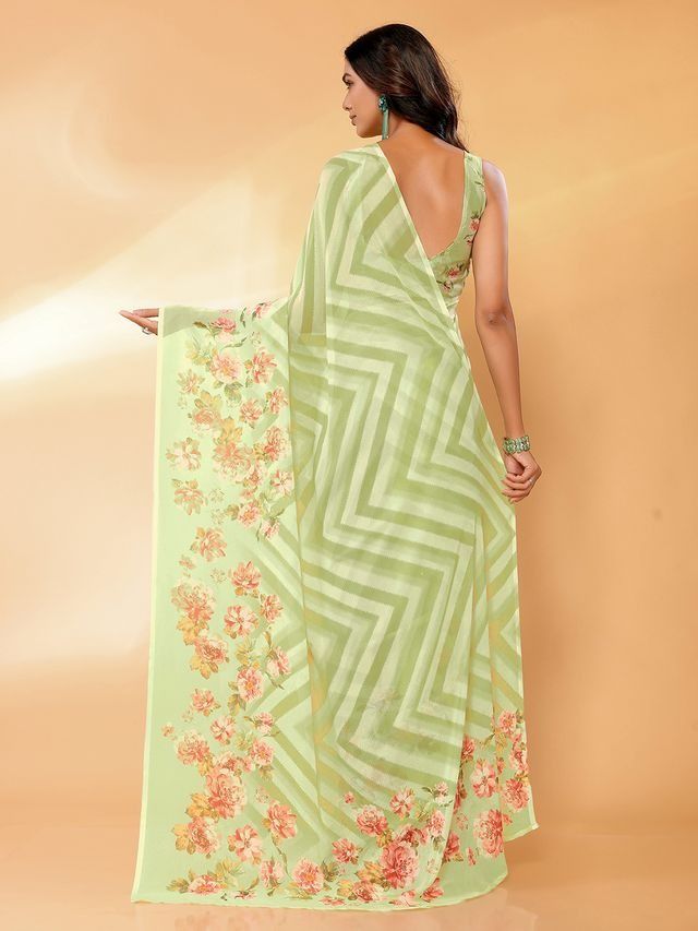 Ready-to-Wear Light Green Floral Georgette Saree with Attached Blouse Piece [ Export Quality ]