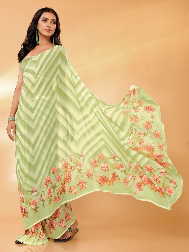 Ready-to-Wear Light Green Floral Georgette Saree with Attached Blouse Piece [ Export Quality ]