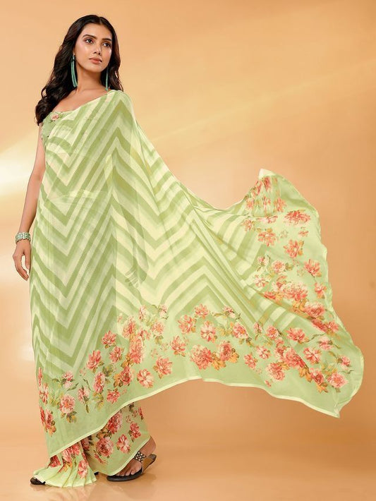 Ready-to-Wear Light Green Floral Georgette Saree with Attached Blouse Piece [ Export Quality ]