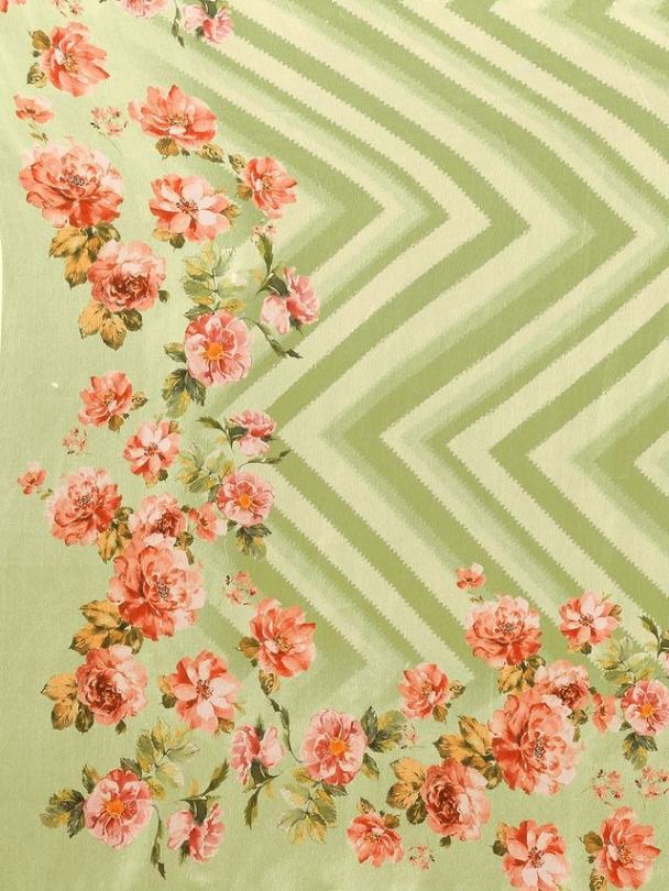 Ready-to-Wear Light Green Floral Georgette Saree with Attached Blouse Piece [ Export Quality ]