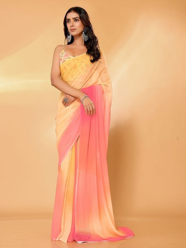 Ready-to-Wear Peach & Pink Ombre Georgette Saree with Attached Blouse Piece [ Export Quality ]