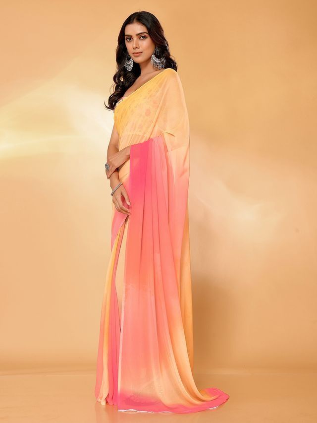 Ready-to-Wear Peach & Pink Ombre Georgette Saree with Attached Blouse Piece [ Export Quality ]