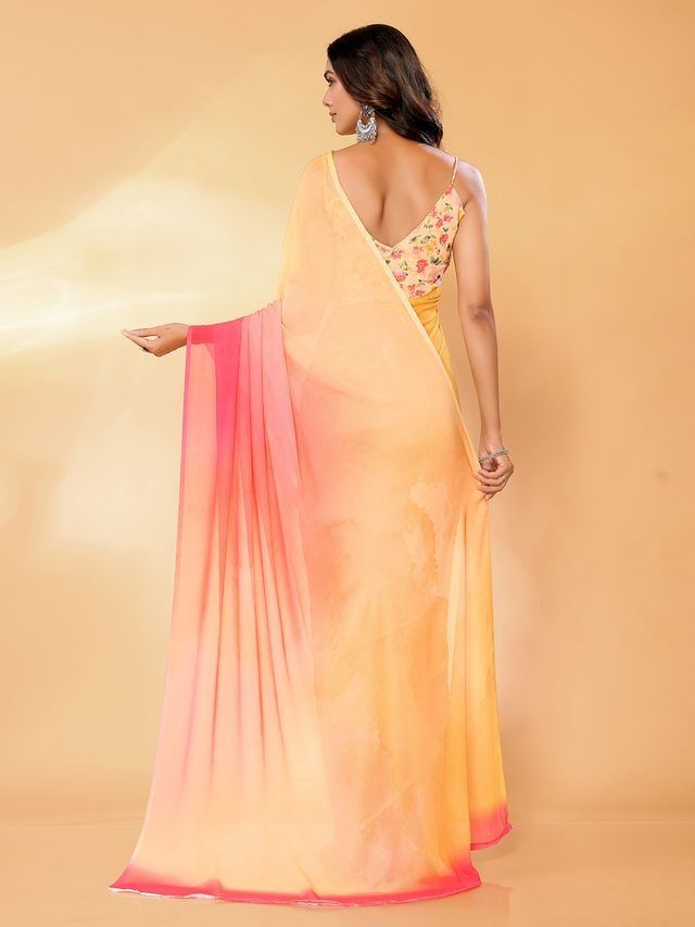 Ready-to-Wear Peach & Pink Ombre Georgette Saree with Attached Blouse Piece [ Export Quality ]