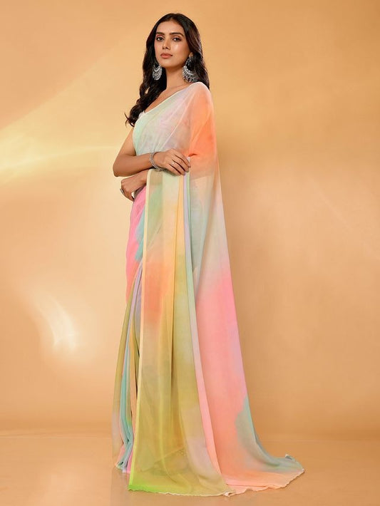 Pastel Mulicolor Soft Georgette Saree With Attached Blouse Piece [ Export Quality ]