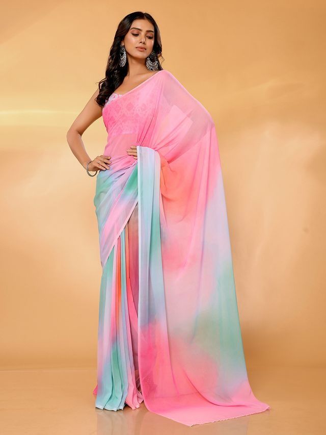 Ready-to-Wear Pastel Ombre Georgette Saree with Attached Blouse Piece [ Export Quality ]