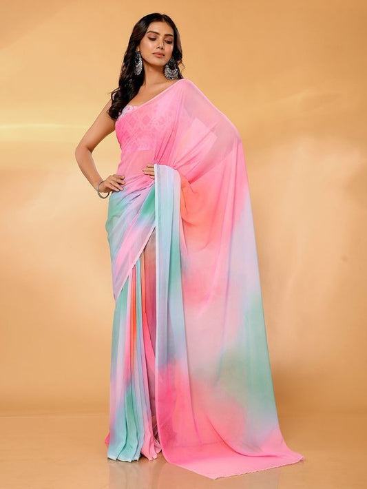 Ready-to-Wear Pastel Ombre Georgette Saree with Attached Blouse Piece [ Export Quality ]