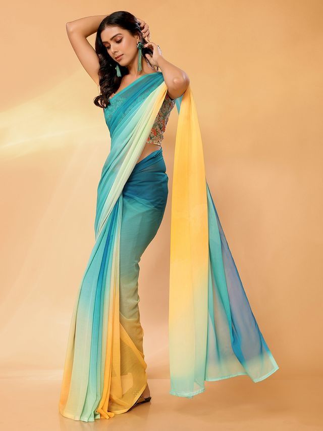 Ready-to-Wear Ombre Georgette Saree with Attached Blouse Piece [ Export Quality ]