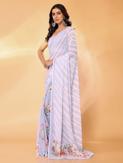 Ready-to-Wear Lavender Floral & Striped Georgette Saree with Attached Blouse Piece [ Export Quality ]