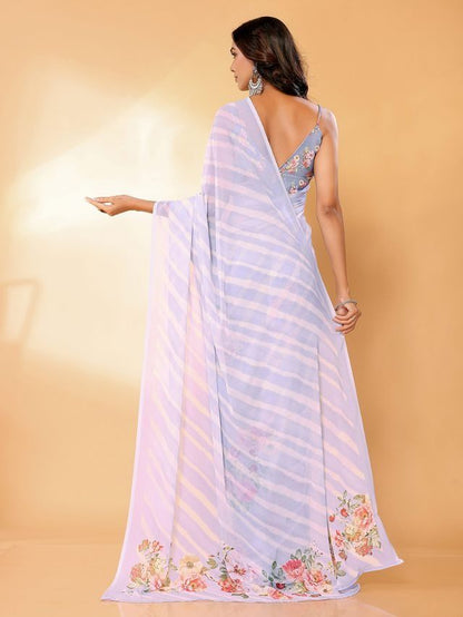 Ready-to-Wear Lavender Floral & Striped Georgette Saree with Attached Blouse Piece [ Export Quality ]