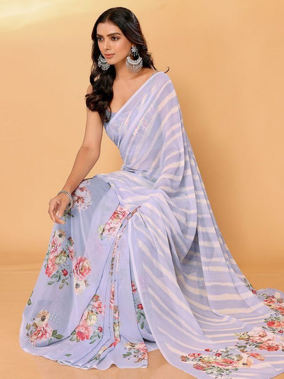 Ready-to-Wear Lavender Floral & Striped Georgette Saree with Attached Blouse Piece [ Export Quality ]