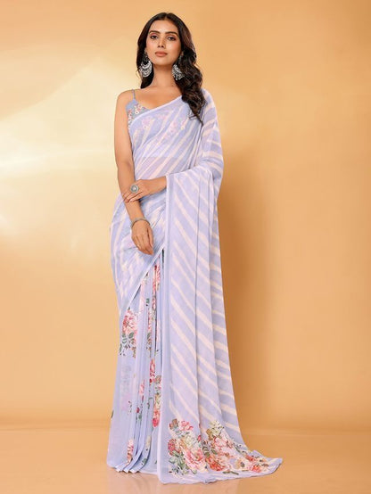 Ready-to-Wear Lavender Floral & Striped Georgette Saree with Attached Blouse Piece [ Export Quality ]
