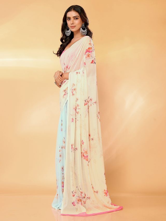 Ready-to-Wear Cream & Pastel Blue Floral Printed Georgette Saree with Attached Blouse Piece [ Export Quality ]