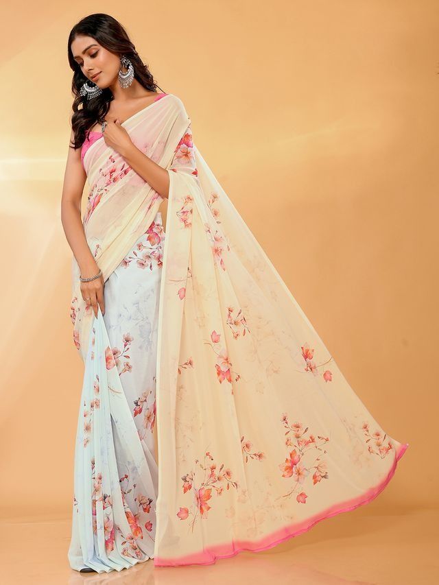 Ready-to-Wear Cream & Pastel Blue Floral Printed Georgette Saree with Attached Blouse Piece [ Export Quality ]