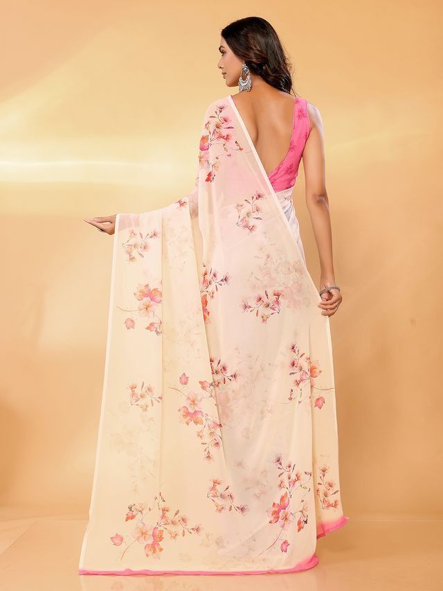 Ready-to-Wear Cream & Pastel Blue Floral Printed Georgette Saree with Attached Blouse Piece [ Export Quality ]