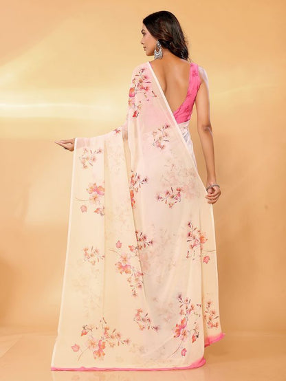 Ready-to-Wear Cream & Pastel Blue Floral Printed Georgette Saree with Attached Blouse Piece [ Export Quality ]
