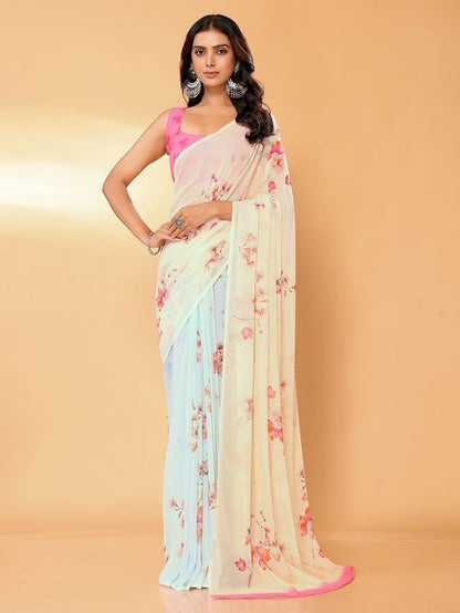 Ready-to-Wear Cream & Pastel Blue Floral Printed Georgette Saree with Attached Blouse Piece [ Export Quality ]