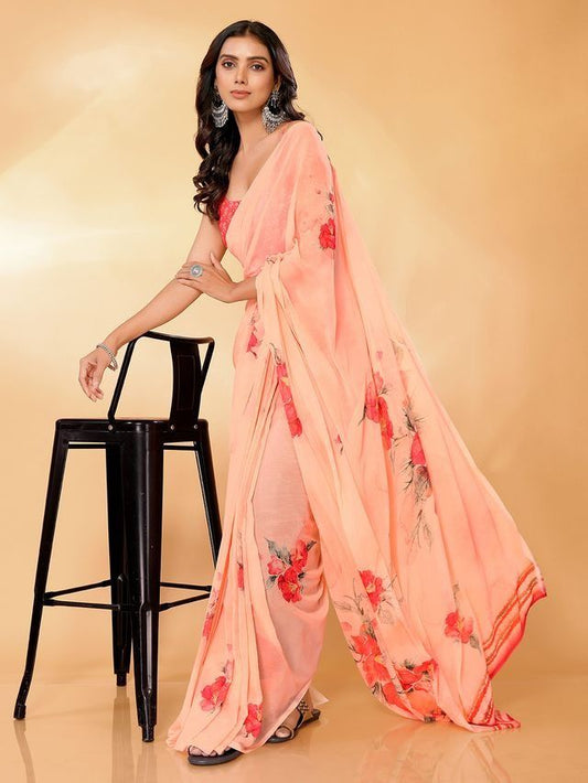 Ready-to-Wear Peach Pink Georgette Saree with Attached Blouse Piece [ Export Quality ]