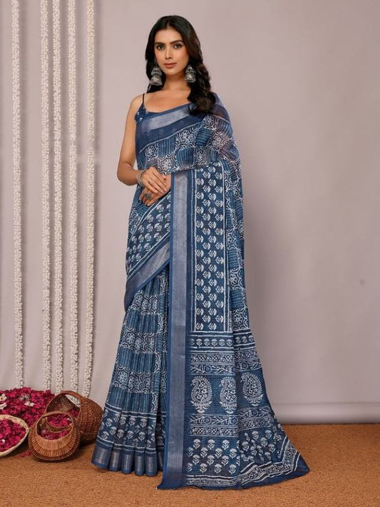 Indigo Blue Cotton Blend Block Print Saree With Attached Blouse Piece [ Export Quality ]