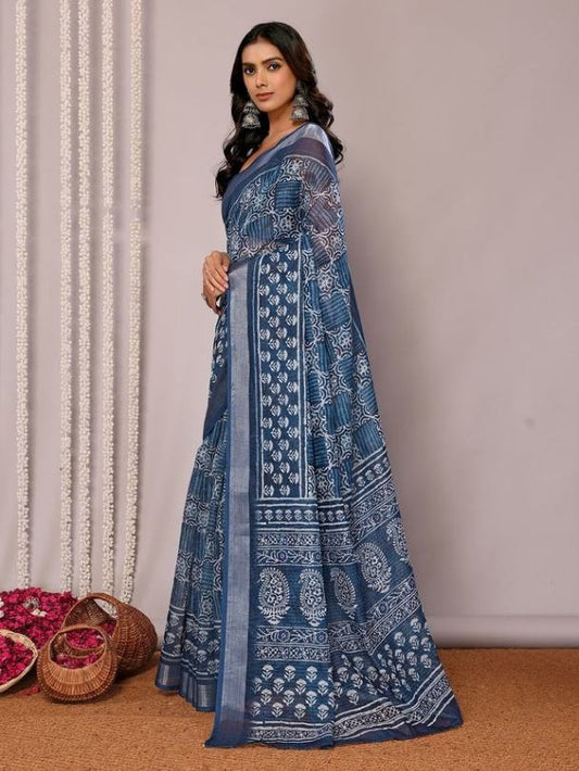 Indigo Blue Cotton Blend Block Print Saree With Attached Blouse Piece [ Export Quality ]