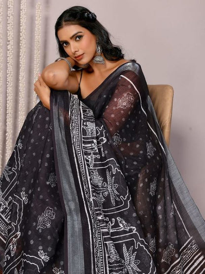 Black Cotton blend Tribal Print Saree with Attached Blouse Piece [ Export Quality ]