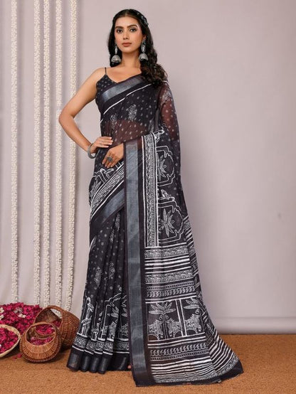 Black Cotton blend Tribal Print Saree with Attached Blouse Piece [ Export Quality ]