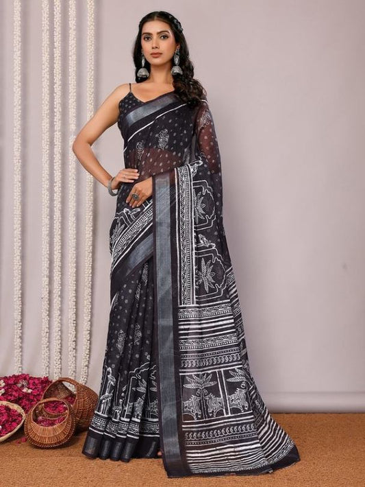 Black Cotton blend Tribal Print Saree with Attached Blouse Piece [ Export Quality ]