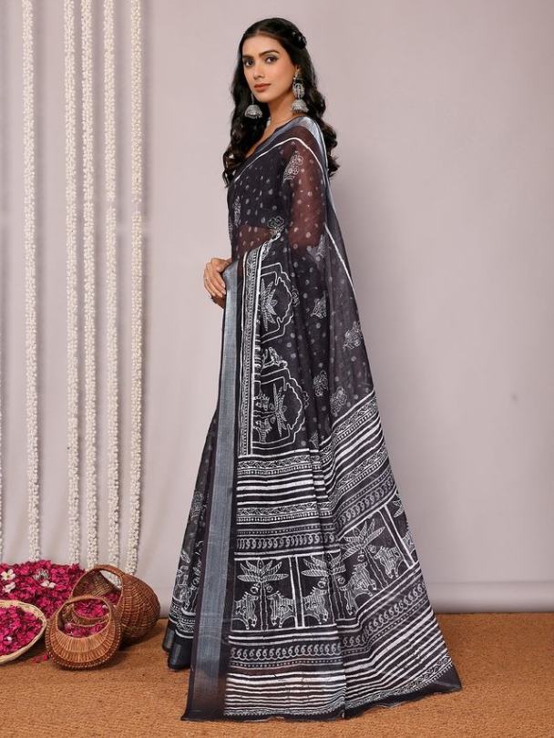 Black Cotton blend Tribal Print Saree with Attached Blouse Piece [ Export Quality ]