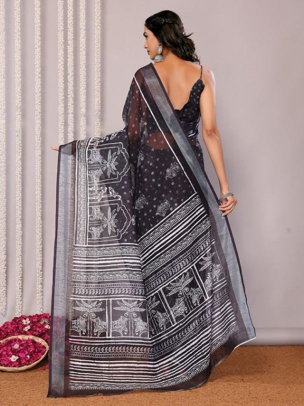 Black Cotton blend Tribal Print Saree with Attached Blouse Piece [ Export Quality ]