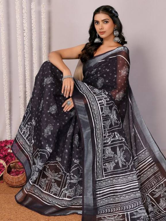 Black Cotton blend Tribal Print Saree with Attached Blouse Piece [ Export Quality ]