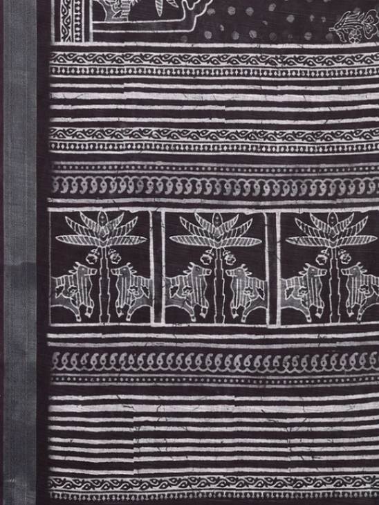 Black Cotton blend Tribal Print Saree with Attached Blouse Piece [ Export Quality ]