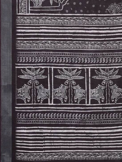 Black Cotton blend Tribal Print Saree with Attached Blouse Piece [ Export Quality ]