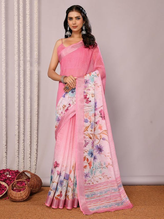Ready-to-Wear Pastel Pink Cotton blend Saree with Attached Blouse Piece [ Export Quality ]