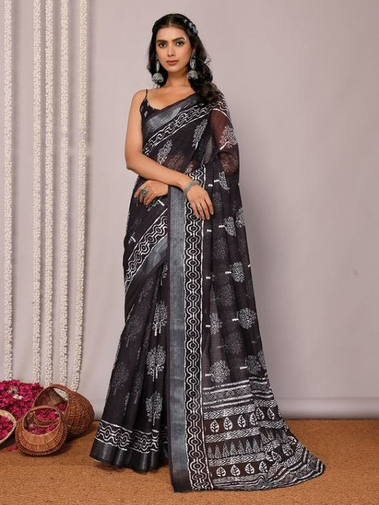 Black Cotton blend Block Print Saree with Attached Blouse Piece [ Export Quality ]