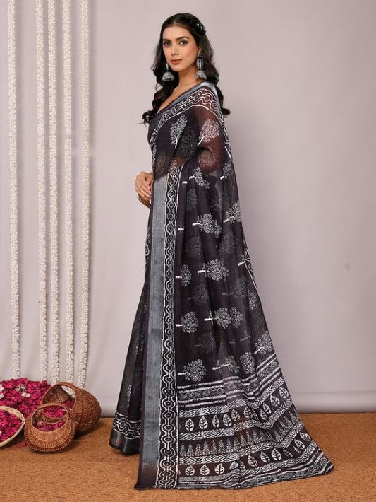 Black Cotton blend Block Print Saree with Attached Blouse Piece [ Export Quality ]