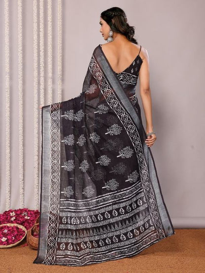 Black Cotton blend Block Print Saree with Attached Blouse Piece [ Export Quality ]